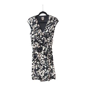 Anne Klein Black White Floral Sleeveless Surplice Wrap Midi Cocktail Dress Sz. M